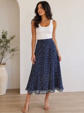 Chaus Navy Floral Midi Skirt Vintage